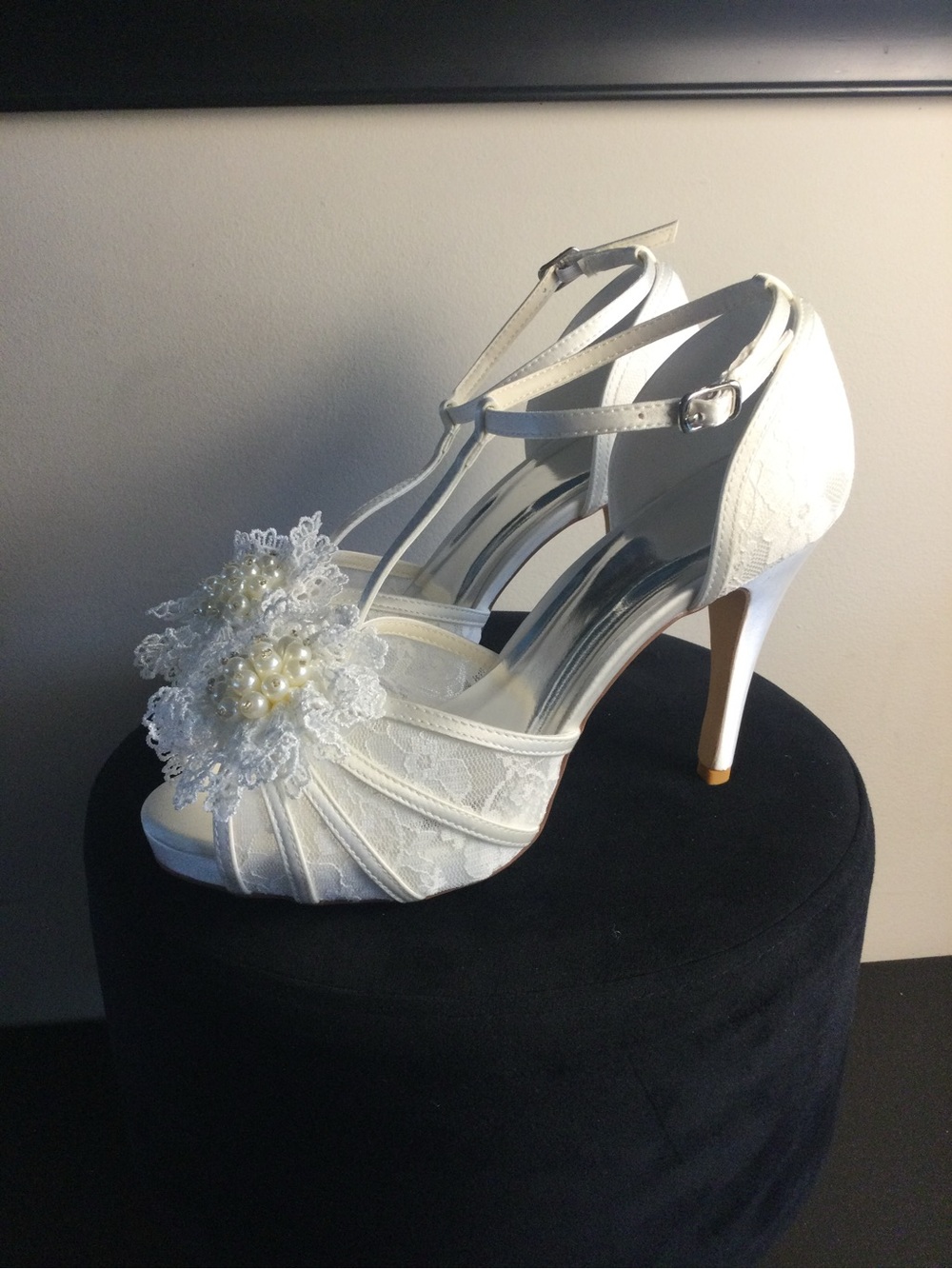 White Lace Pearl-Embellished T-Strap High Heel